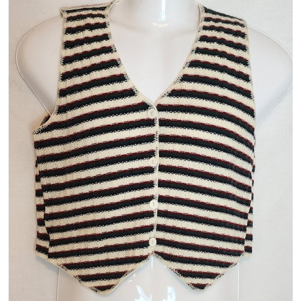 Striped Button-Front Knit Vest - Cream, Black & Burgundy